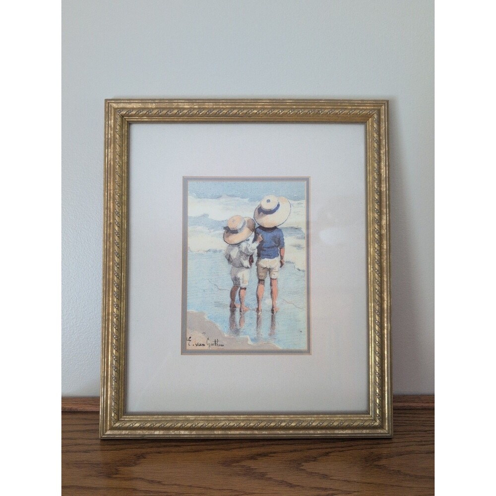 Vtg Sun Hats by E.Van Goethem Watercolor Print Framed Matted 11.5"x13.5" Cottage